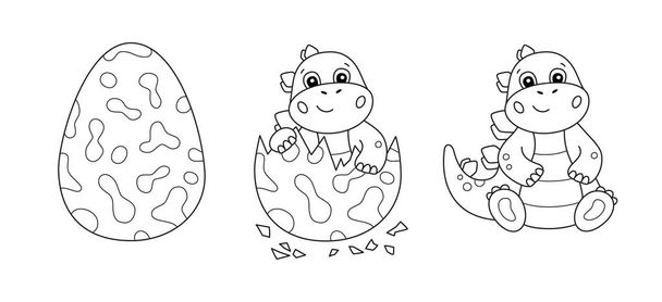 Dinosaur egg and cute little dinosaur for kid coloring book. Baby stegosaurus. Children puzzle game. - Vector, Image