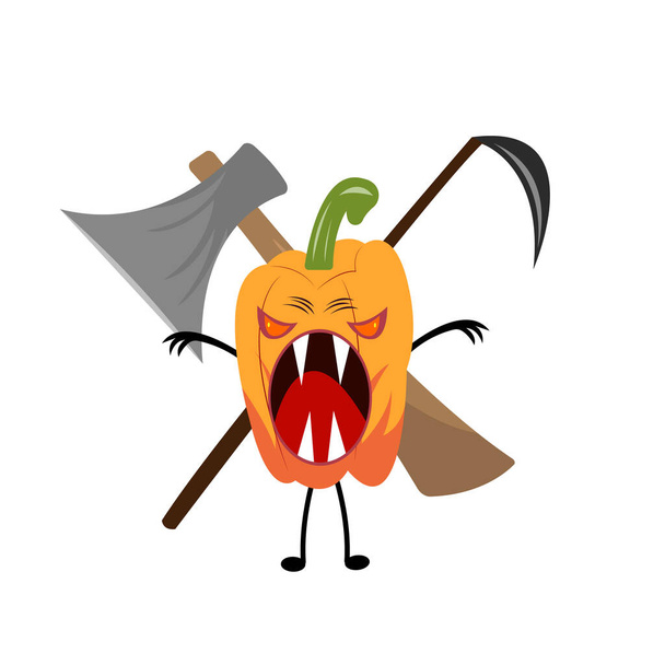 personaje de dibujos animados pimiento naranja monstruo aterrador posando contra una trenza afilada y un objeto de hacha sobre un fondo blanco halloween y el concepto de misticismo - Vector, Imagen