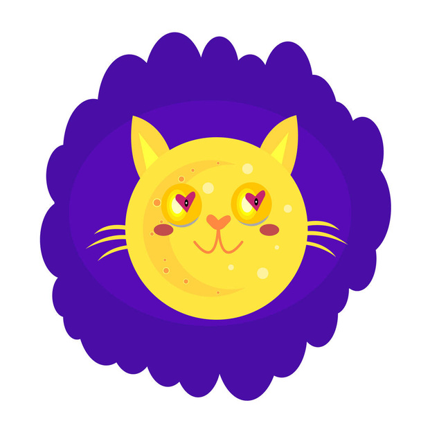 cat muzzle moon shining orange eyes with pink hearts object on a background of nightly purple cloud lovers day concept - Vektor, obrázek