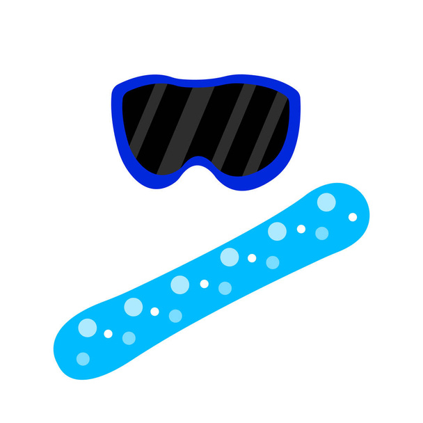 μπλε snowboard με στρογγυλά λευκά σχέδια και γυαλιά με σκούρο γυάλινο αντικείμενο σε λευκό φόντο χειμώνα και σπορ έννοια - Διάνυσμα, εικόνα