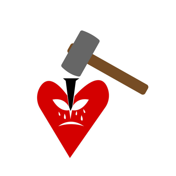 martillo de trineo conduce una cuchilla en un corazón que se agrieta y llorando concepto de la enfermedad y los objetos de amor no mutuos sobre un fondo blanco - Vector, Imagen