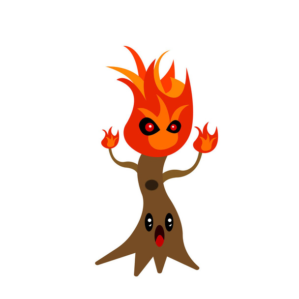 Árbol en llamas personaje de dibujos animados tronco gritando de miedo concepto de incendios forestales y objeto de la naturaleza sobre un fondo blanco - Vector, Imagen