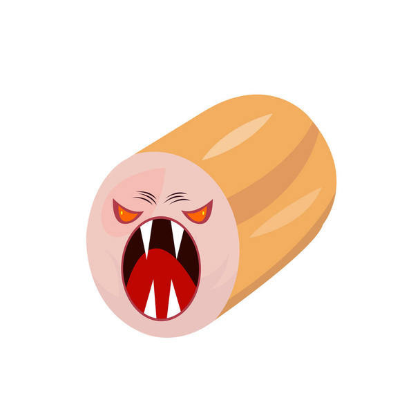 Boiled salsiccia personaggio cartone animato Angry Ghost con zanne affilate oggetto su uno sfondo bianco Halloween e concetto di misticismo - Vettoriali, immagini