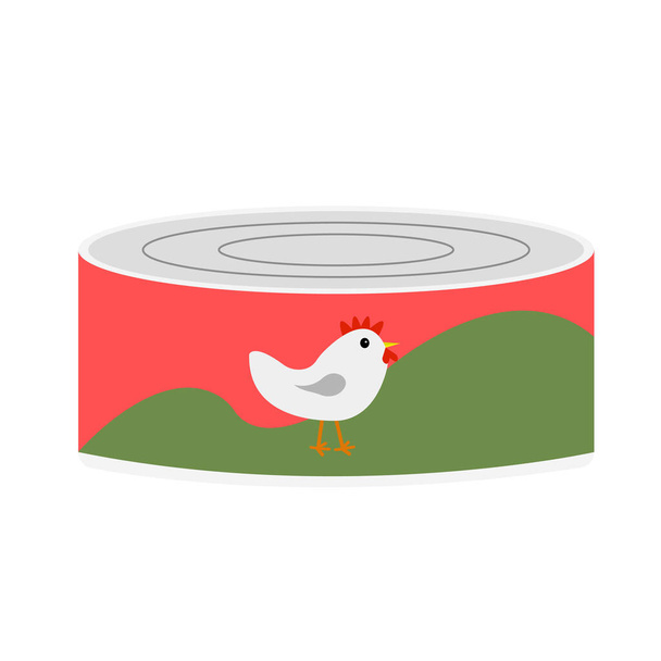Blechdose mit Hühnerpastete und gezeichnetem Vogel auf einem Etikett Konzept Lebensmittel Objekt isoliert auf weißem Hintergrund - Vektor, Bild