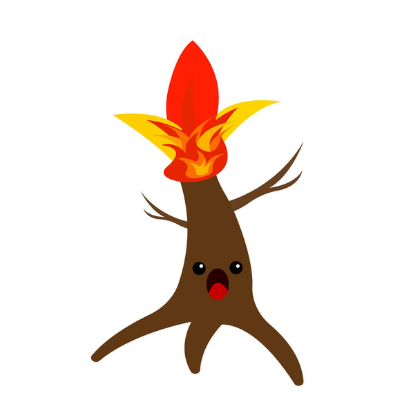 木の幹の漫画のキャラクターが戦いで叫んでいる彼の上は明るい火で燃え上がる森林火災と白い背景の環境オブジェクトの概念 - ベクター画像