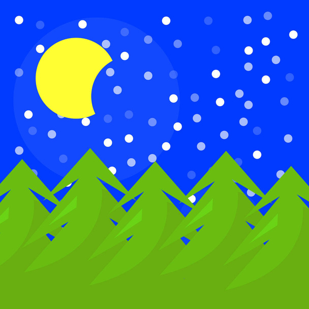 La luna luminosa splende nel cielo notturno sopra gli alberi di Natale neve rotonda cade concetto di stagione invernale e fredda - Vettoriali, immagini