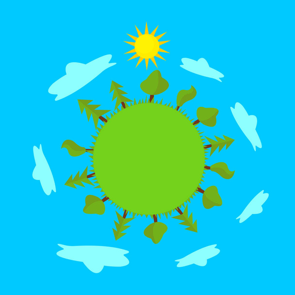 Zelená planeta Tráva a stromy proti modré obloze s mraky a jasně oranžové slunce. Koncept čistého životního prostředí a ekologie. - Vektor, obrázek