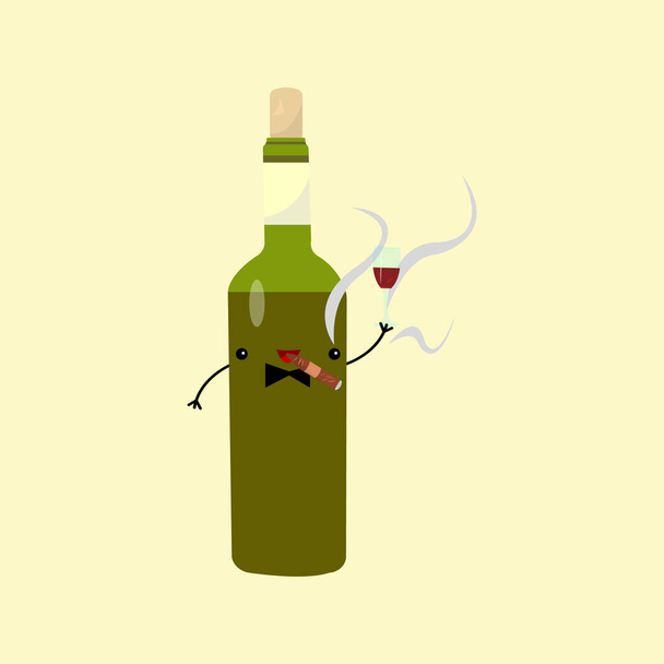 láhev vína karikatura znak drží sklenici červeného vína v ruce a kouří doutník alkohol a tabákové výrobky koncept - Vektor, obrázek
