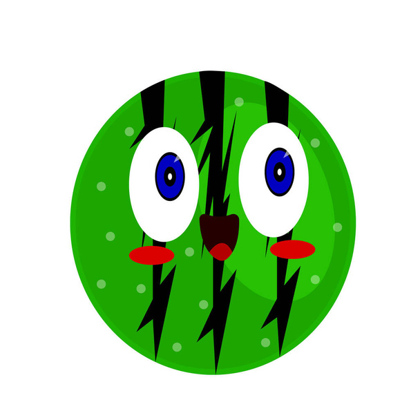 Wassermelone Grüne Beere mit schwarzen Streifen Muster helle Cartoon-Figur mit blau leuchtenden Augen und ein Lächeln Emotion Entzückungsobjekt auf weißem Hintergrund Sommer und Obst-Konzept - Vektor, Bild
