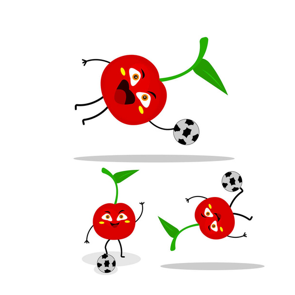 Wiśnia z piłką nożną aktywny charakter kreskówki na białym tle koncepcji witamin i owoców - Wektor, obraz