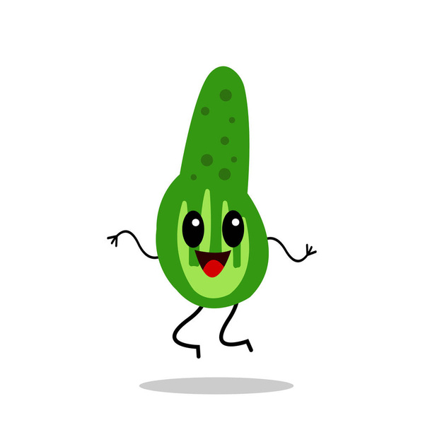 zöld uborka ugrás és tánc egy fehér háttér rajzfilm aktív karakter koncepció zöldségek és egészséges étel - Vektor, kép
