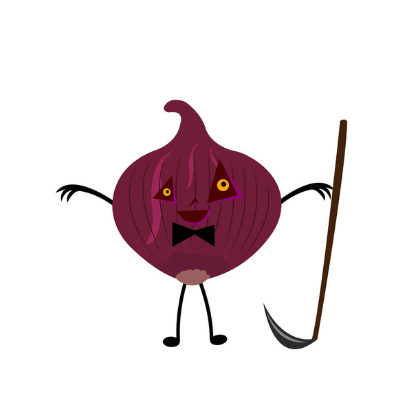 Red onion personaggio dei cartoni animati Mostro per Halloween con gli occhi triangolari tiene in mano una treccia affilata e posa su uno sfondo bianco il concetto di vacanza autunnale e misticismo - Vettoriali, immagini