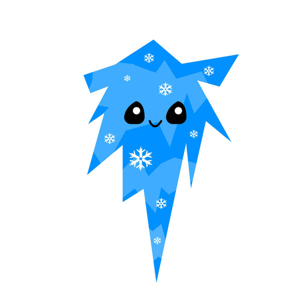 χαριτωμένο μπλε icicle με ένα χαμόγελο με λαμπερά μαύρα μάτια και νιφάδες χιονιού μοτίβα χειμώνα και φύση έννοια αντικείμενο σε λευκό φόντο - Διάνυσμα, εικόνα