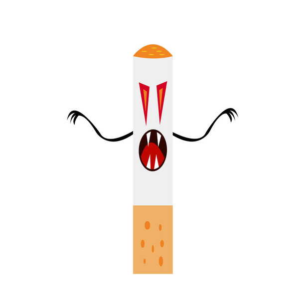 τρομακτικό τέρας τσιγάρο με αιχμηρά νύχια και το κακό αντικείμενο μάτια σε λευκό φόντο εθισμού έννοια - Διάνυσμα, εικόνα