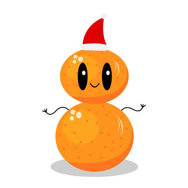 Mandarinas en forma de muñeco de nieve y con un personaje de dibujos animados lindo sombrero de Santa sonriendo y posando sobre un fondo blanco concepto de Navidad y Año Nuevo - Vector, Imagen