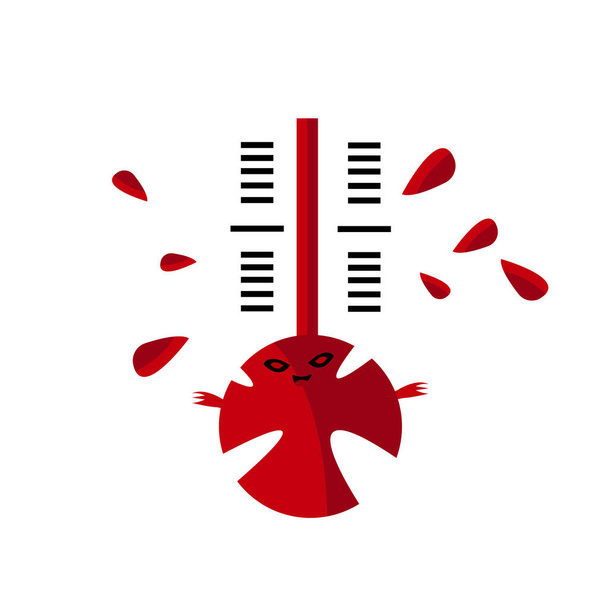 termómetro salpicando mercurio y burlándose monstruo simbolizando enfermedad objeto para el diseño en un fondo blanco concepto de gripe - Vector, Imagen