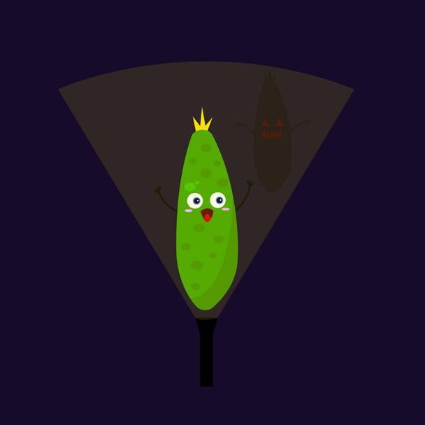komkommer grappig cartoon karakter groen groente verlicht zichzelf met een zaklamp te intimideren achter hem de schaduw van een monster Halloween en mystiek concept - Vector, afbeelding
