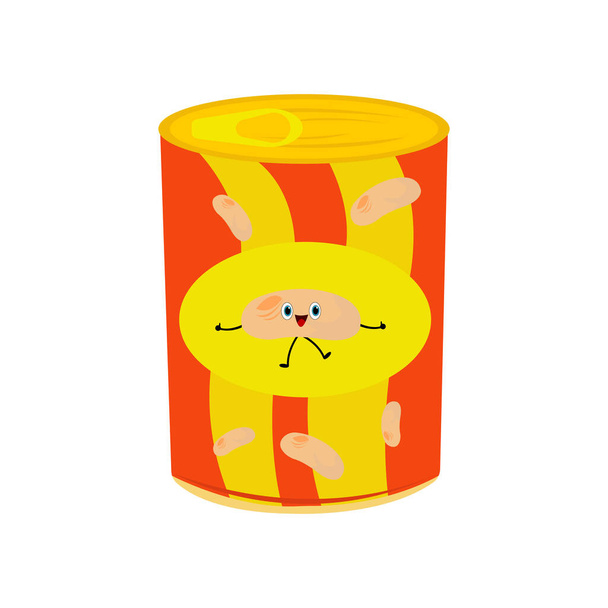 Metal can with canned beans A funny cartoon character with blue eyes and a smile holds a thumbs up as an approval gesture concept food and snack object on a white background - Vector, Image