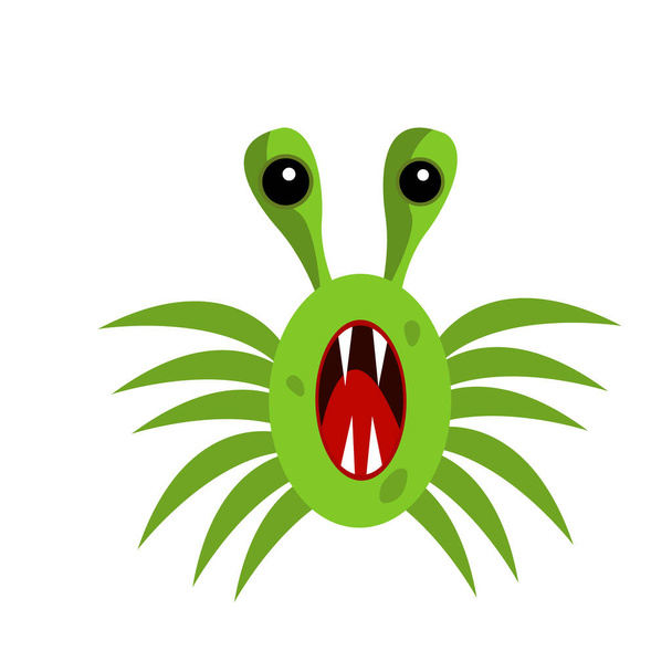 Evil microorganism with tentacles and sharp fangs. Virus and disease concept object on white background. - Vector, Imagen