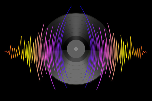 Αφίσα από δίσκους βινυλίου και παλμικό μουσικό κύμα. πολύχρωμη ψηφιακή τεχνολογία εικονογράφηση. Μοντέρνο διαφημιστικό. Ιστορικό ήχου - Φωτογραφία, εικόνα