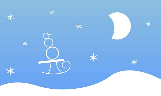 Snowman on a sled in a jump on a background of blue sky with snowflakes and the moon wallpaper for design concept of winter and cold season - Vector, Image