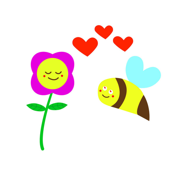 the cartoon flower is reddened and cute next to which the bumblebee flies the concept of nature - Vector, Image