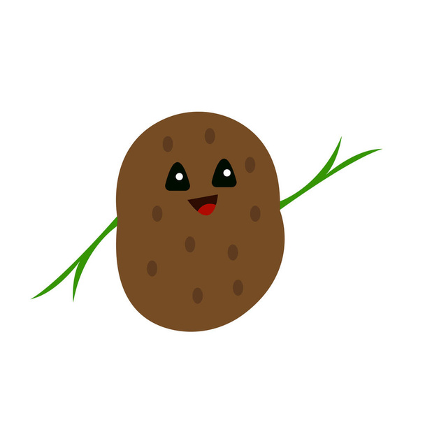 Kartoffel mit süßem Lächeln und schwarzen funkelnden Augen, die freundlich eine grüne Sprossen-Cartoon-Figur für Design-Food-and-Gemüse-Konzept schwenken - Vektor, Bild