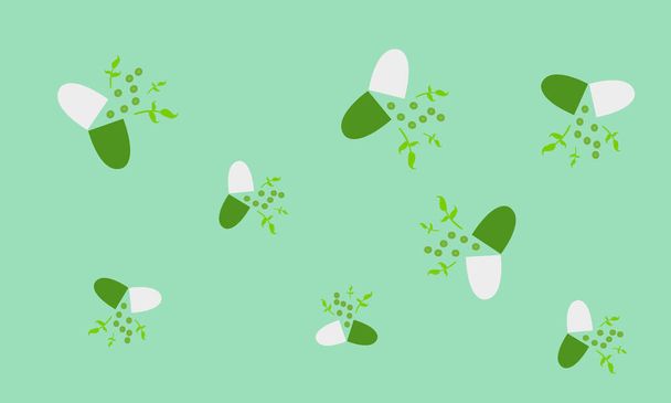 pilules en capsules composées d'herbes objet sur fond vert papier peint pour le concept de conception de la médecine et des soins de santé - Vecteur, image