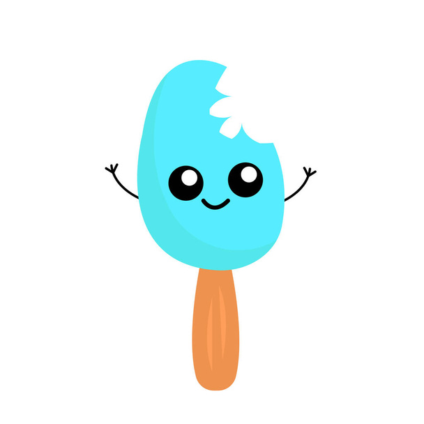 Eis-Cartoon gebissen Charakter mit einem niedlichen Lächeln und Holzstab Konzept des Sommers und Desserts Objekt auf weißem Hintergrund - Vektor, Bild