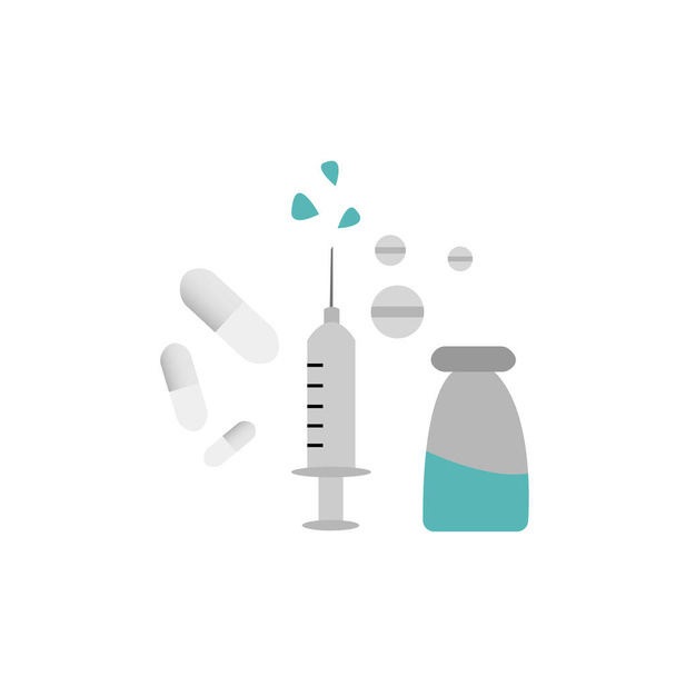 medische kit ter bescherming tegen ziekten en virussen pillen spuit en injectieflacon met vloeibare voorwerpen voor ontwerp op een witte achtergrond gezondheidszorg concept - Vector, afbeelding