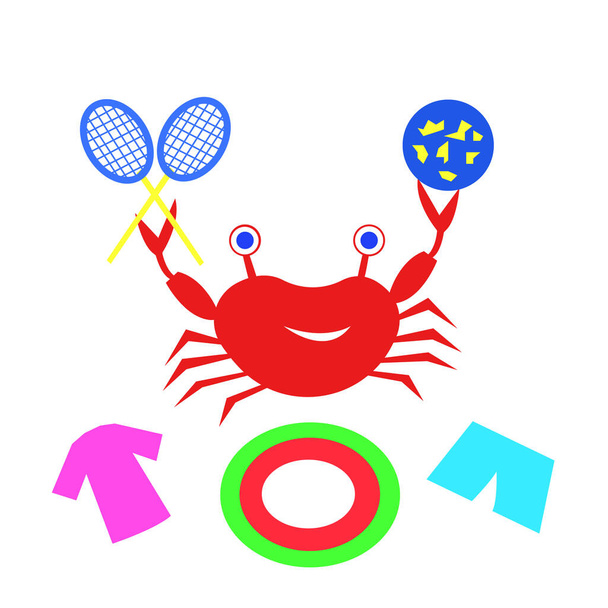 Cangrejo de dibujos animados con una sonrisa blanca posa sosteniendo una pelota y raqueta para bádminton en concepto de garras para accesorios de playa y aventuras en el mar - Vector, Imagen