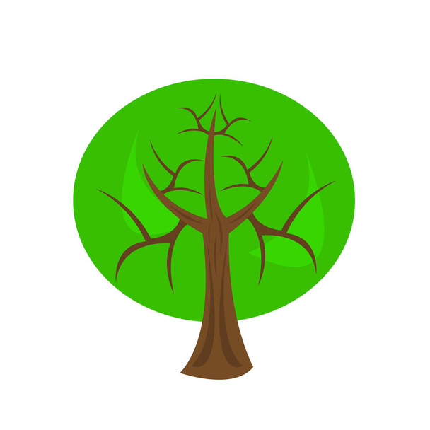 Büyük yeşil bir üst ve keskin dalları olan ağaç gövdesi beyaz arka plan logosu üzerinde doğal desenli mistik ve büyüleyici bir nesne tasarlıyor. - Vektör, Görsel