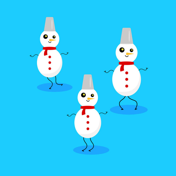 Танцюючий сніговик набір мультиплікаційних персонажів у червоних шарфах на синьому фоні концепції зимового та холодного сезону
 - Вектор, зображення
