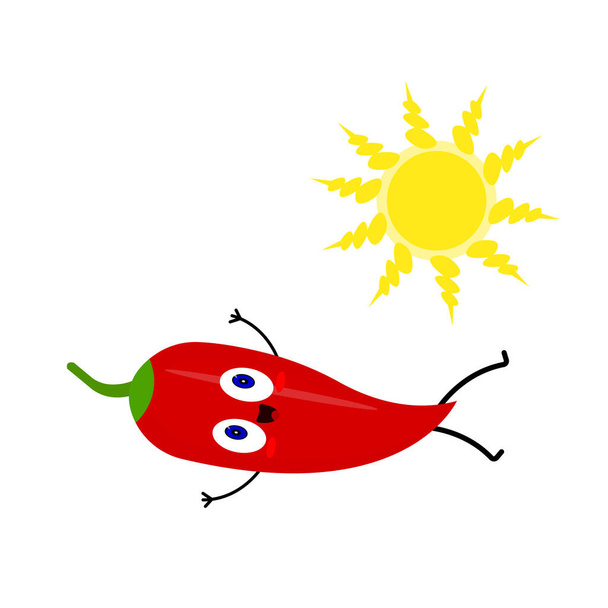 Rode peper cartoon karakter met een leuke glimlach en blauwe sprankelende ogen ligt onder de felle zon objecten op een witte achtergrond het concept van de landbouw en de natuur - Vector, afbeelding