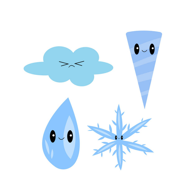 雲冬と冷却の白い背景概念上の水と雪の結晶漫画のキャラクターのつららドロップ - ベクター画像