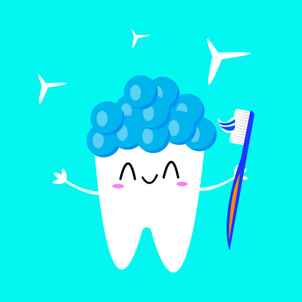 felice dente bianco con un'acconciatura di bolle tiene un pennello in mano e brilla concetto di odontoiatria e igiene oggetto su sfondo blu - Vettoriali, immagini