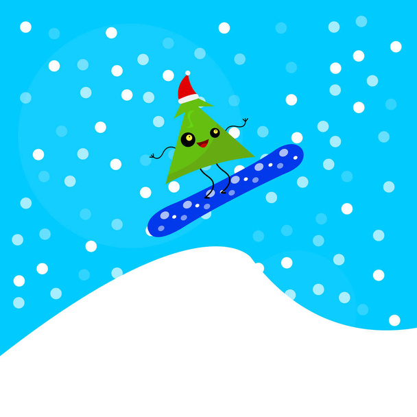 Різдвяна ялинка мультяшний персонаж в капелюсі Санта рухається вздовж снігових схилів на сноуборді. Зимова та спортивна концепція
 - Вектор, зображення