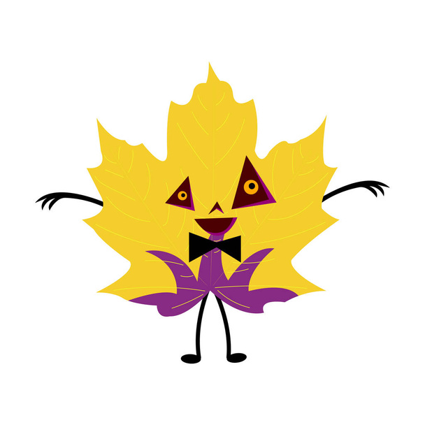 personaje de dibujos animados de hoja de arce naranja para la planta de halloween con los ojos triangulares cortados y un hermoso patrón de objeto púrpura en un concepto de fondo blanco de misticismo y vacaciones de otoño - Vector, imagen