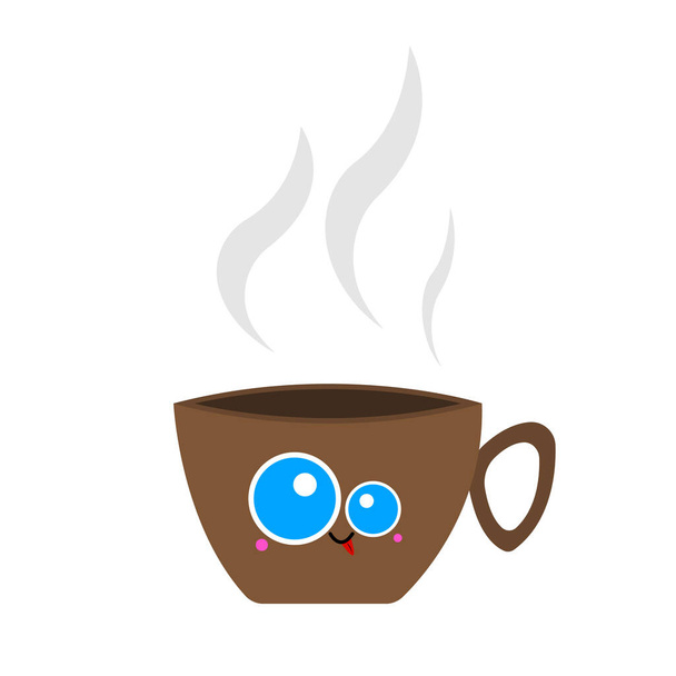 tasse drôle de café avec des yeux bleus et concept de vapeur objet boisson populaire sur un fond blanc - Vecteur, image