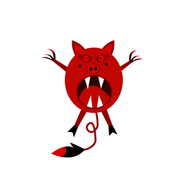 monstruo de cerdo con colmillos afilados y garras aterrador personaje rojo para el objeto de Halloween para el diseño sobre un fondo blanco - Vector, Imagen
