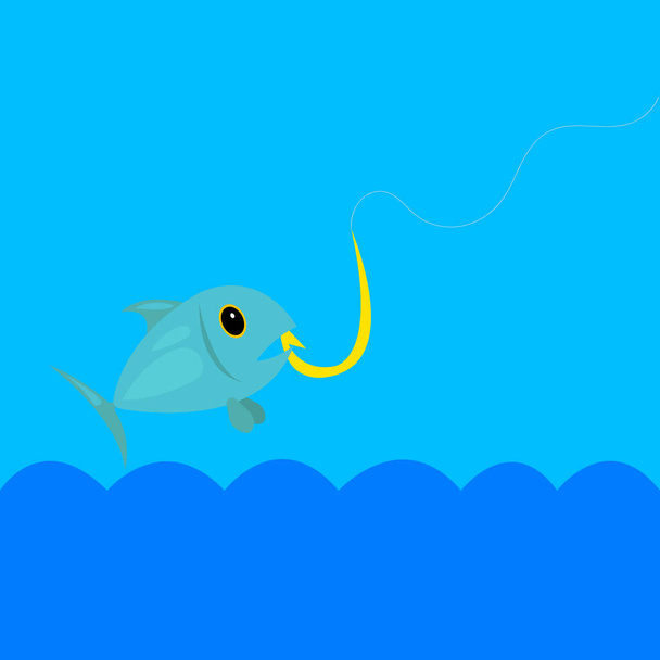 vis sprong over het water en gevangen op een gouden vishaak. hobby en sport concept - Vector, afbeelding