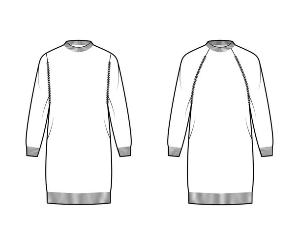 Conjunto de vestidos Rib Fisherman Sweaters ilustración técnica de moda con cuello redondo, mangas largas raglán, adorno de punto - Vector, Imagen