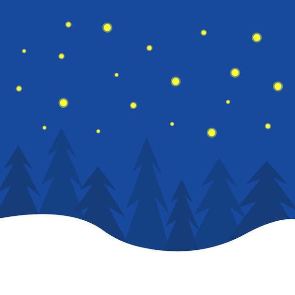 Χριστουγεννιάτικα δέντρα μεγαλώνουν στο χιόνι κάτω από τα φωτεινά αστέρια λάμπουν στο σκοτεινό νυχτερινό ουρανό χειμωνιάτικο τοπίο έννοια της κρύας εποχής - Διάνυσμα, εικόνα