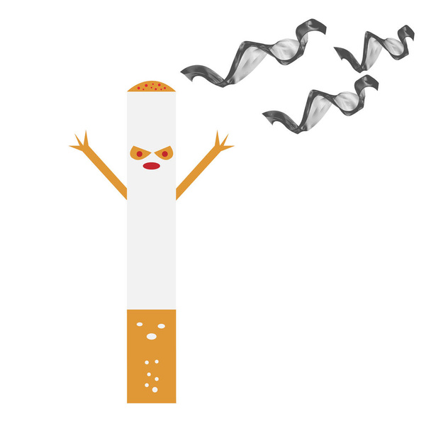 cigarrillo con una terrible mueca arde y emite el concepto de humo nocivo de drogas y malos hábitos - Vector, Imagen