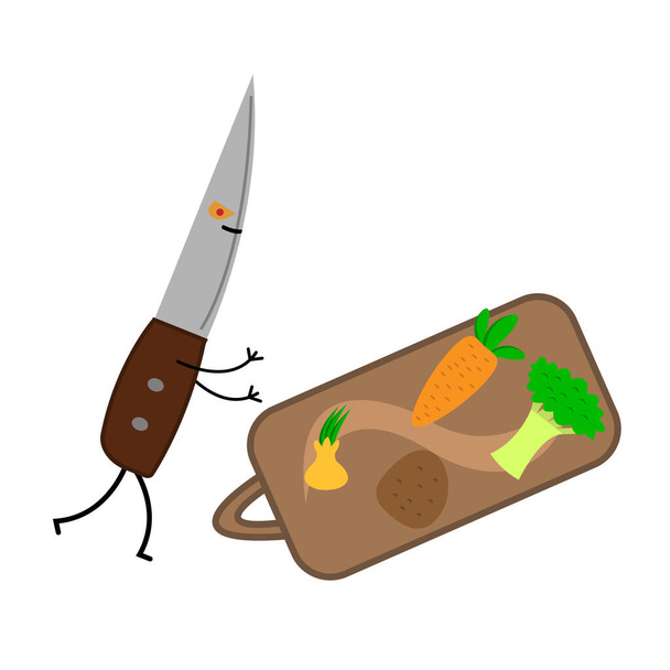 couteau avec une lame tranchante et un look menaçant court à une planche à découper avec légumes concept de cuisine personnage drôle pour le design - Vecteur, image