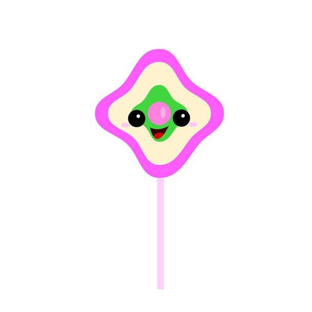 Lollipop lindo personaje de dibujos animados sonriendo sobre un fondo blanco concepto de dulces y postres - Vector, Imagen