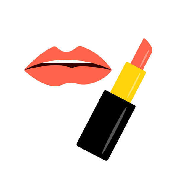 Labios femeninos y lápiz labial concepto cosméticos y objetos de belleza sobre un fondo blanco. - Vector, imagen
