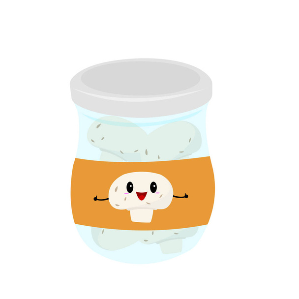 glass transparent jar with mushrooms champignons cheerful cartoon character on the label holds thumbs up like gesture of approval concept food and preservation object on a white background - Vector, Image
