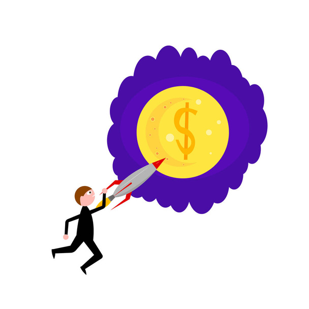 Egy fekete öltönyös üzletember tart egy rakétát, ami a Holdra repül egy dollár ikonnal. a siker és a karriernövekedés fogalma - Vektor, kép
