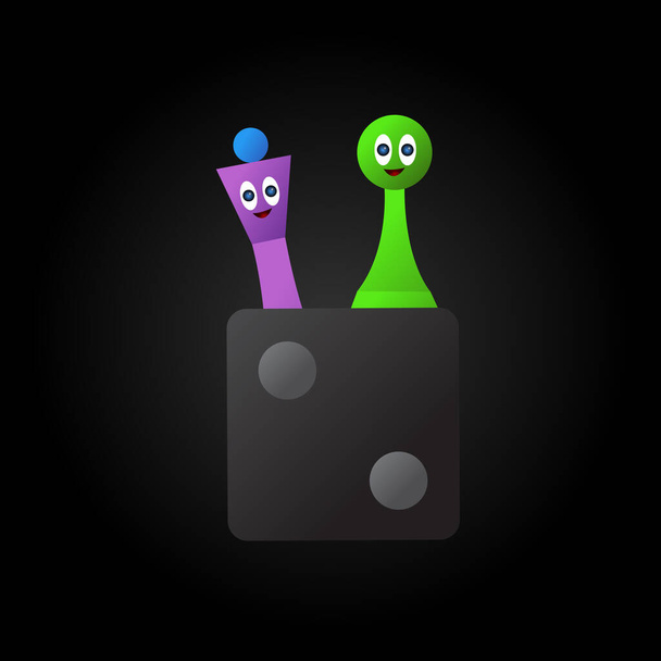 chess Queen pawn and dice against a dark background funny cartoon characters cute smiling concept of hobby and board games - Vector, Image